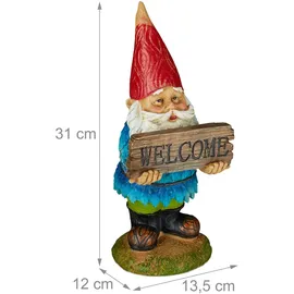 Relaxdays Gartenzwerg "Welcome", wetterfest, Kunststein, Garten, Haustür & Beet, klassisches Design, Gartenfigur, bunt