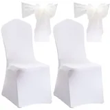 Zasvec Stuhlhussen Weiss 2 Stück Universell Stuhlbezug Husse Hochzeit Stretch Stuhlüberzug Weiße Spandex Stuhlhussen für Esszimmerstühle mit 2 Beige Schleifen für Hochzeit, Bankett und Party