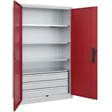 CP-Möbel Werkzeugschrank 8931-503, aus Metall, grau / rot, mit 3 Schubladen & 4 Fachböden, abschließbar, 120 x 195 x 50cm