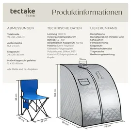 Tectake tectake® Mobile Dampfsauna ThermaLuxe II, 1000 W, Stecksystem, mit Aufbewahrungsfach, inkl. Fernbedienung, Matte, Klappstuhl und Tragetasche