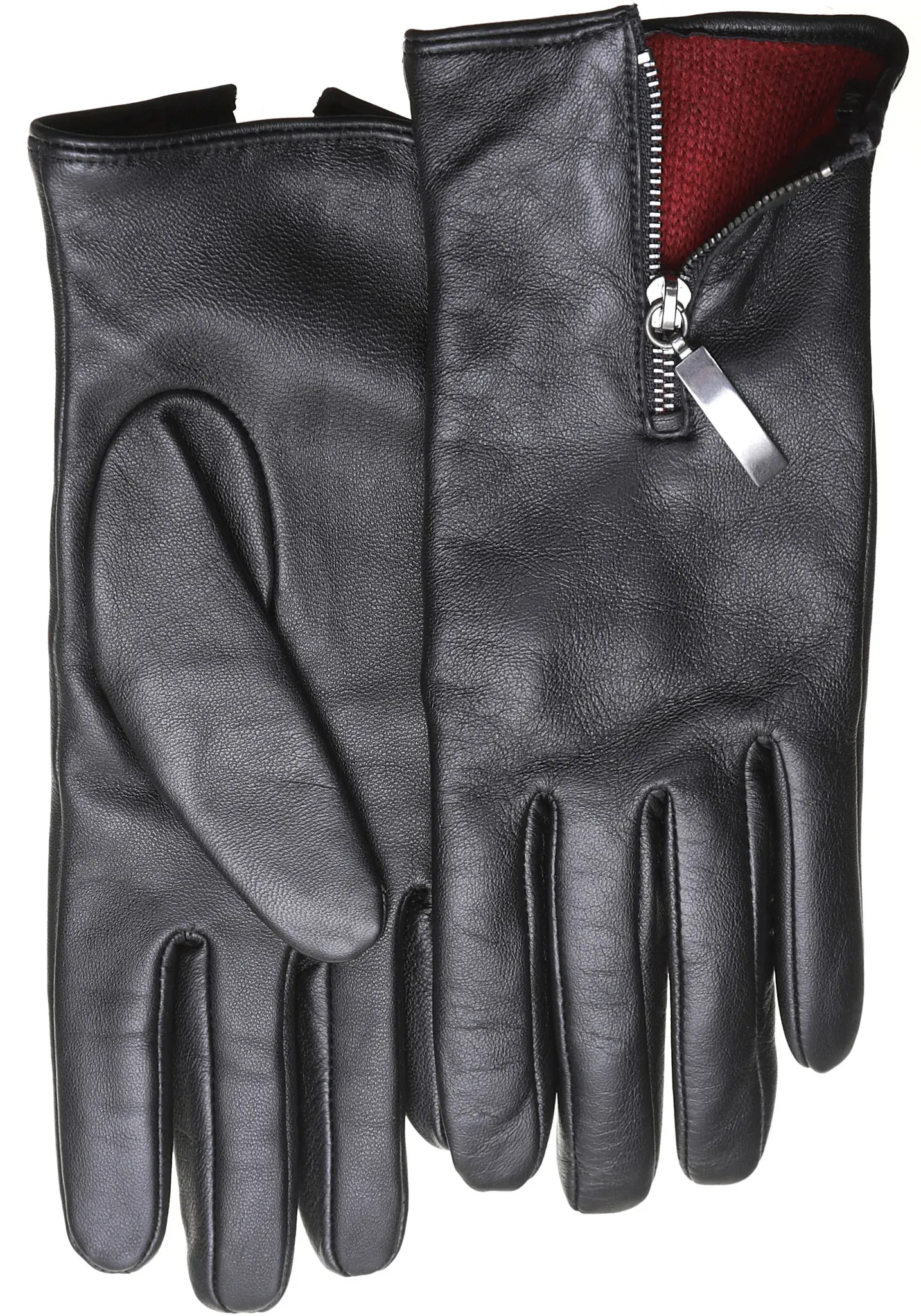 Lederhandschuhe PEARLWOOD Gr. 7,5, schwarz Damen Handschuhe mit farbigem Innenfutter, Glattleder, Zipper auf dem Handrücken