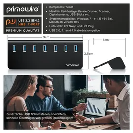 Primewire USB 3.2 Gen2 Hub, 7 Port Aktiver Verteiler mit Netzteil, 10 Gbit/s - Schwarz