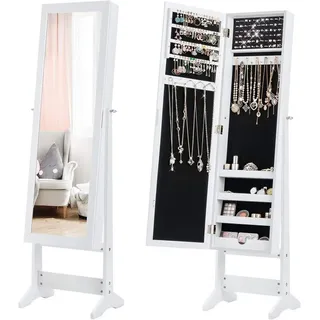 Costway Schmuckschrank Neigungsverstellbar, Schmuckregal Mit Ganzkoerperspiegel, Schmuck Spiegelschrank Mit 64 Ohrringschlitzen, 20 Halskettenhaken, 72 Ringschlitzen, 4 Ablagen für Make-up