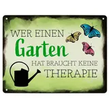 speecheese Garten-Schild 'Wer einen Garten hat braucht keine Therapie' in 21x28 cm, Aluminium, Rustikal, für den Garten
