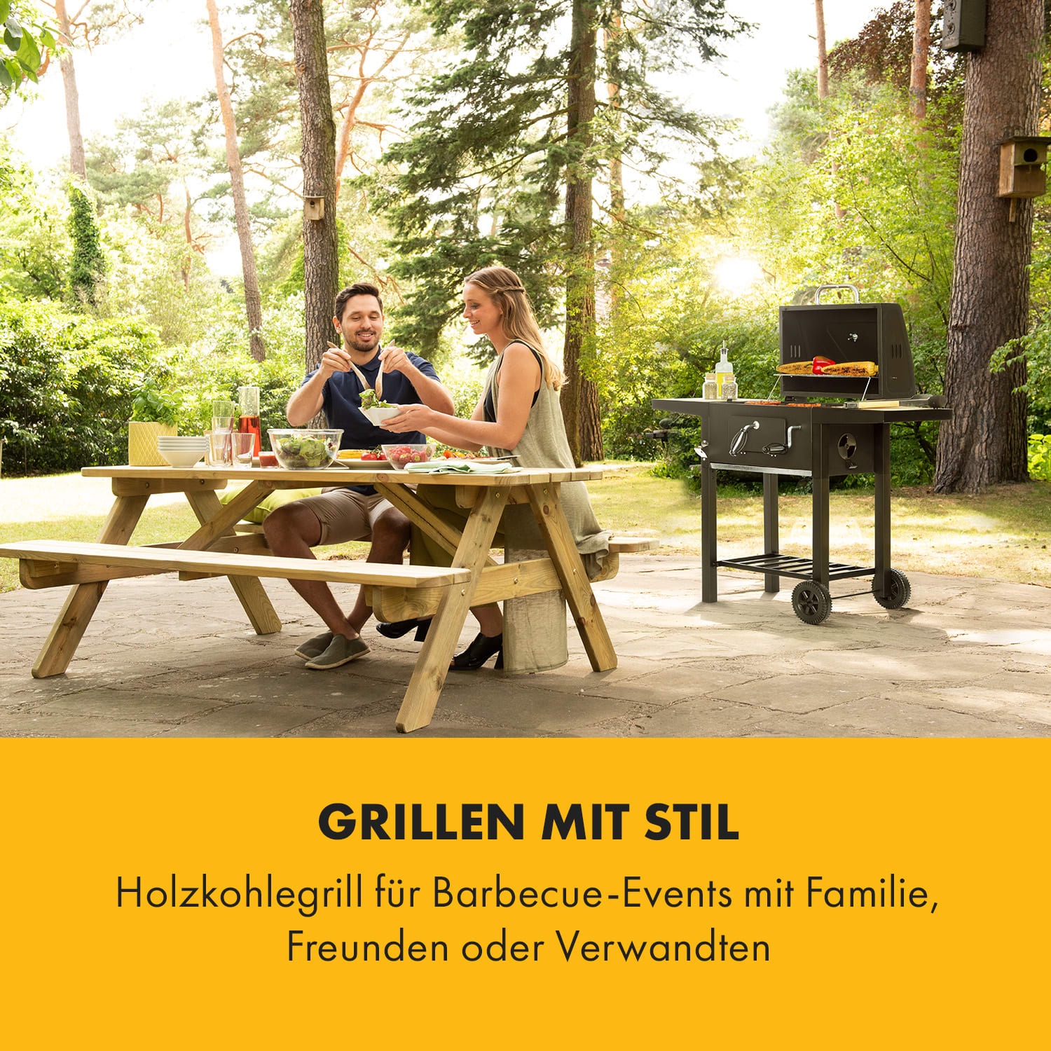 Meat Machine Holzkohlegrill BBQ 45x32,5cm Thermometer Bodenrollen