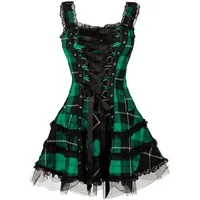 Minetom Damen Gothic Kleid Kariertes Schnüren Minikleid Strap Kleid Street Punk Cosplay Kleid Steampunk Vintage Rockabilly Kleid Grün 3XL - 3XL