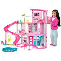 Barbie Traumvilla, 3-stöckiges Barbie-Haus mit 10 Spielbereichen inklusive Pool, Rutsche, Aufzug, 75 Puppen-Accessoires, Spielzeug-Welpe, Spielzeug für Kinder ab 3 Jahre, HMX10