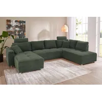 Wohnlandschaft JOCKENHÖFER GRUPPE "Orlando U-Form" Sofas Gr. B/H/T: 337cm x 69cm x 180cm, Cord, Ottomane beidseitig montierbar, mit Bettfunktion mit Bettkasten, grün mit Federkern, Bettfunktion und Bettkasten, inklusive 2 Kopfstützen