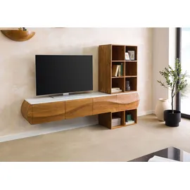 MASSIVMOEBEL24.DE Wohnwand Akazie 204x40x145 natur lackiert / Marmor weiß MONTREAL #143