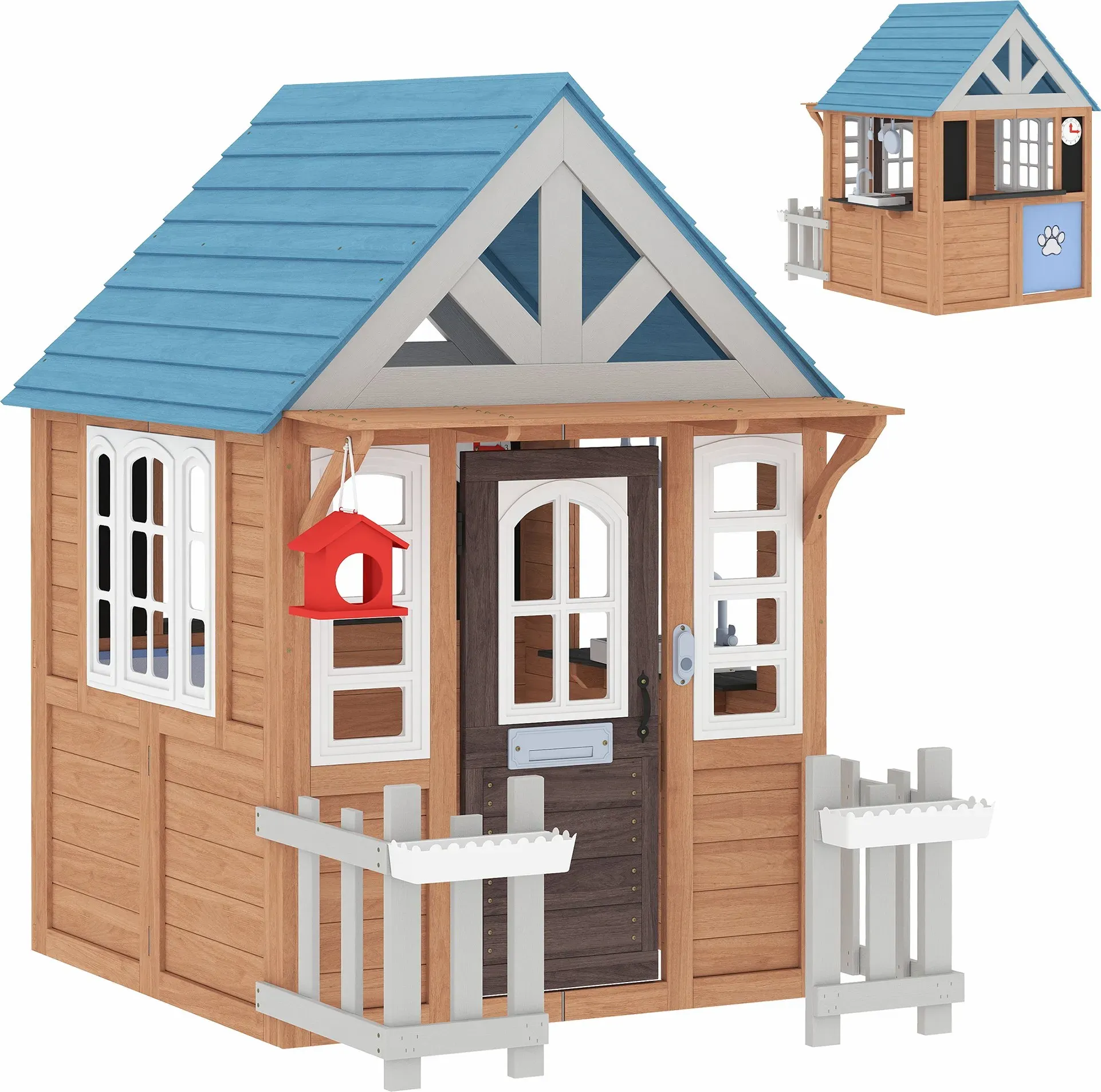 AIYAPLAY Kinderspielhaus außen aus Holz, Kinderhaus außen/innen mit Katzenklappe, Spielküche, Briefkasten, Klingel, Nistkasten und Zaun, für 2-5 Jahre, 165x116,5x163,5cm, braun   Aosom