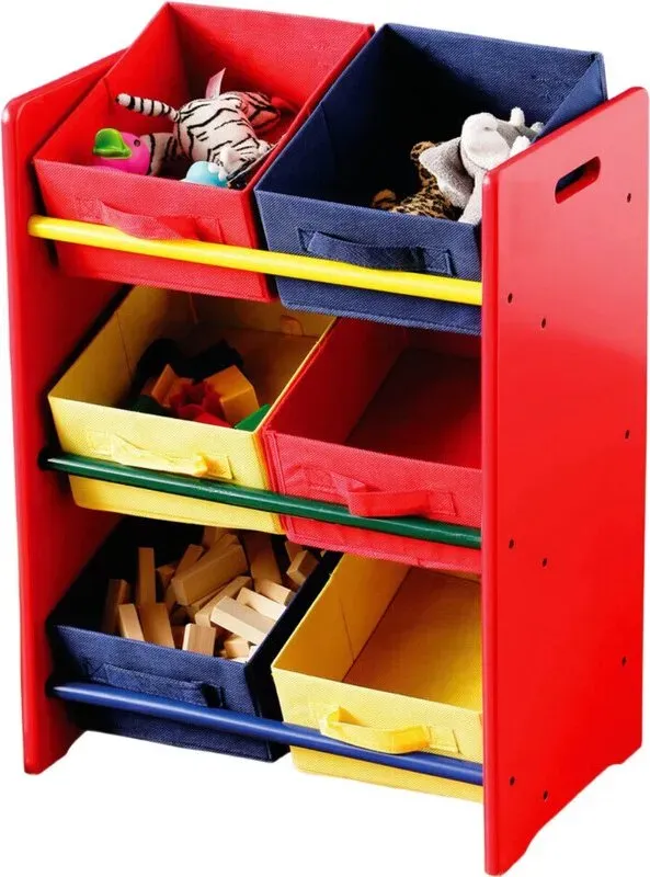Premier Housewares MDF-Kinder-Aufbewahrungsregal mit 3 Ebenen, bunter Canvas-Körbe, Spielzeug-Organizer und Aufbewahrung