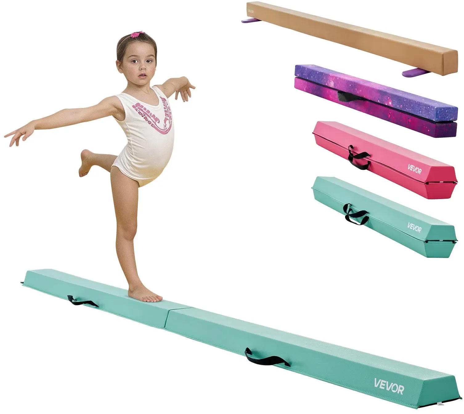 VEVOR Schwebebalken Gymnastik Kinder klappbar 2,35 m, 90,7 kg belastbarer Gymnastikbalken mit rutschfesten Unterseiten, Balance Balken Balancierbalken mit Tragetasche für Fitnessstudio, Mintgrün
