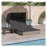 vidaXL Doppel-Sonnenliege mit Dach und Auflagen Grau Poly Rattan