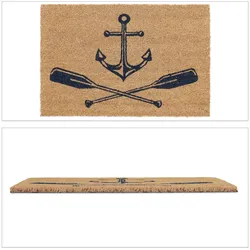 Relaxdays Fußmatte Kokos, Anker & Ruder, 60x40 cm, rutschfest, wasserfest, Fußabtreter innen, außen, natur/dunkelblau