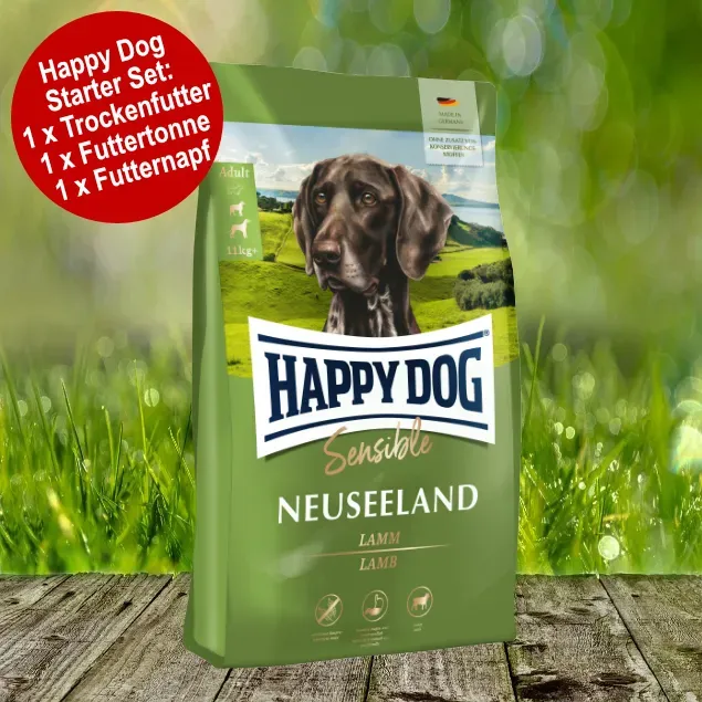 Happy Dog Supreme Sensible Neuseeland Starter-Set inkl. Futtertonne und Futternapf