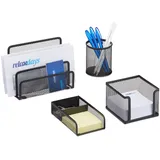 Relaxdays Schreibtisch Organizer Set 4-teilig, Mesh Metall Zubehör mit Briefablage, Stiftehalter und Zettelbox, schwarz, 14.5 x 17.5 x 13.5 cm