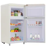 Merax Retro Kühlschrank, Doppeltür, 72L Gesamtvolumen, 21L Gefrierfach, Energieklasse E, 120 kWh/Jahr, LED-Beleuchtung, 3 verstellbare Einlegeböden Weiß