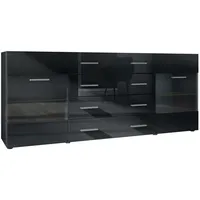Vladon Sideboard, Schwarz Hochglanz, 166x72x35 cm, Wohnzimmer, Kommoden &