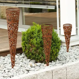 Harms Import Gartendeko Windlicht Erdspieß Kerzenhalter Außenbereich Gartenstecker Kerzenständer Stahl, inkl. Teelichthalterung, Höhen 29-41-51,5 cm, 3er Set