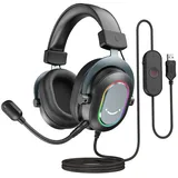 Fifine Gaming Headset mit Mikrofon, Over Ear Kopfhörer mit Kabel, USB Headset für PC PS4 PS5, RGB Headphone mit 3 EQ-Modi, Surround Sound und Ohrpolster