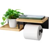 Gelewuld® Bambus Toilettenpapierhalter Mit Ablage, Klopapierhalter ohne Bohren aus Stahl&Bambus, Klorollenhalter Holz Schwarz für Küche und Badzimmer, Toilettenpapierhalter Montage durch Bohren