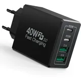 USB C Ladegerät, 40W 4-Port Stecker mit PD+QC, Schnellladegerät USB Mehrfach Ladegerät USBC Netzteil für iPhone 15 14 13 Pro Max XS X 8, Samsung Galaxy S23 S22, Huawei, Handy Ladeadapter Ladestecker