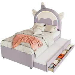 Merax 90*200cm Polsterbett, ausgestattet mit ausziehbares rollbett, PU-Material,Violett