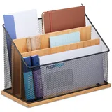 Relaxdays Dokumentenhalter, 3 Fächer, Metall & Bambus, Briefständer stehend, H x B x T: 20 x 29 x 14 cm, Natur/schwarz