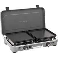 BRUNNER: 2-in-1 Tisch Camping-Kocher 2-flammig Edelstahl Gasgrill & Gaskocher - KOOKMASTER 50mbar mit Grillplatten - mit Gasregler + Gaschlauch