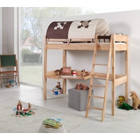 Natur24 Kinderbett Hochbett Renate Buche Massiv Natur lackiert mit Schreibtisch und Textilset braun