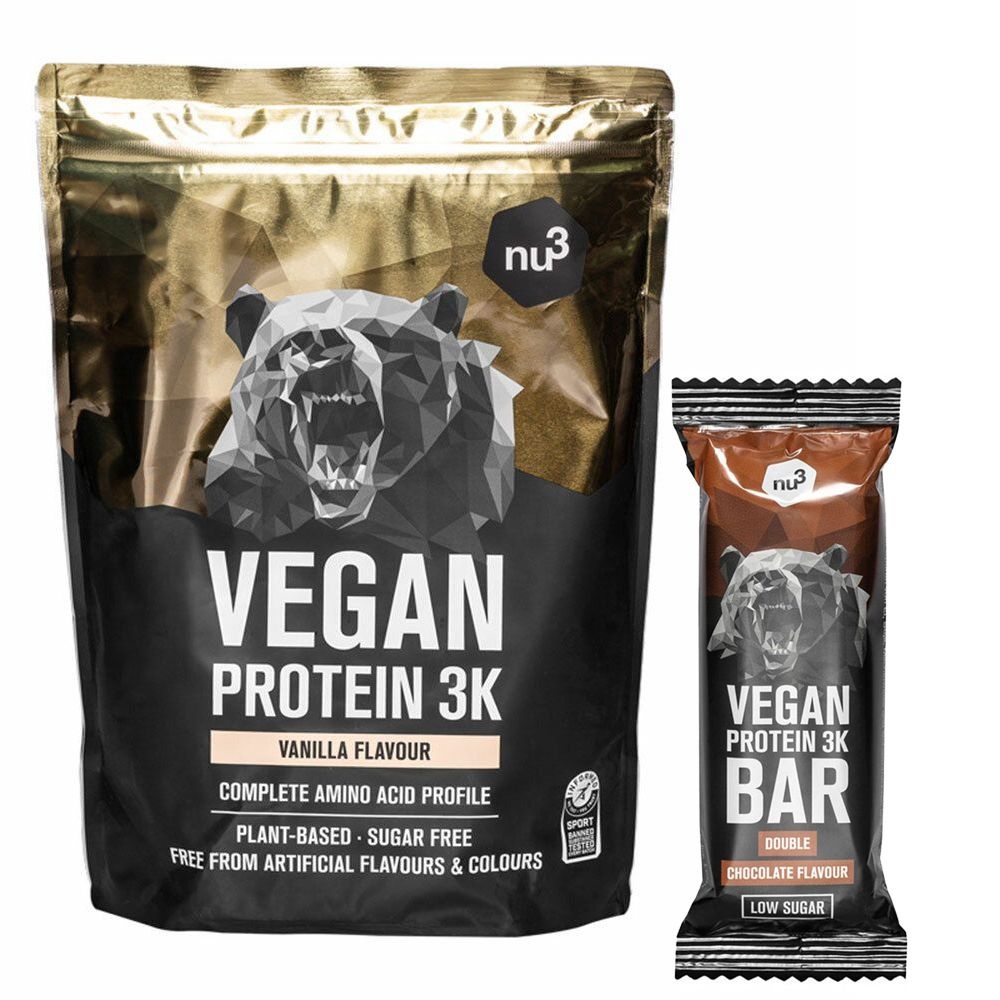 nu3 Vegan Protein 3K Shake, Vanille + nu3 Vegan Protein 3K Bar, Double Chocolate