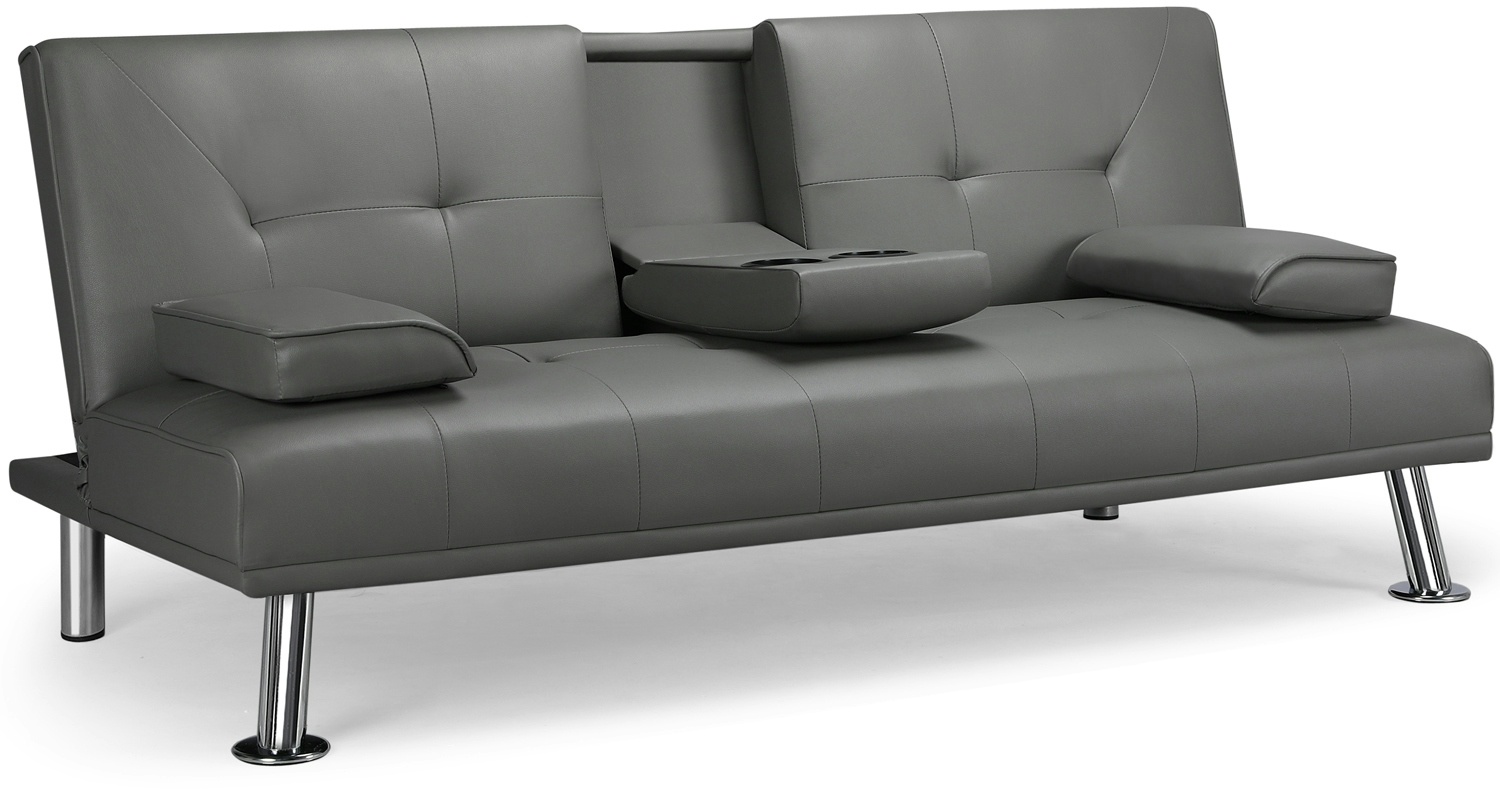 Yaheetech 3er-Sofa Schlafsofa Couch mit Tassenhalter Gästebett, Rückenlehne neigbar 105°/140°/180°, 167x81,5x75 cm, 350 KG belastbar, grau Kunstleder