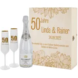 Herz & Heim® Goldene Hochzeit Geschenk-Set mit Brut Dargent Chardonay ICE Demi Sec 0,75l inkl. 2 gravierte Sektgläser