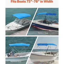 Vevor Bimini Top Bootsabdeckung Sonnenverdeck (4 Bögen) aus 600D Polyester mit Rahmen aus Aluminiumlegierung, wasserdichte Sonnenschutz-Bootsmarkise mit Aufbewahrungstasche, 185-198 cm (B) Blau