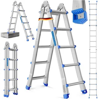 Masko MASKO® Aluleiter Mehrzweckleiter 4x5 Sprossen Teleskopleiter Multifunktionsleiter Aluleiter Klappleiter Anlegeleiter Bockleiter Schiebeleiter beidseitige Steh und Treppenleiter