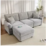 REDOM Sofa mit Fußhocker, mit Stauraum, 2 quadratischen Kissen, 1 USB-Anschluss und 1 Type-C-Anschluss 1 Teile grau