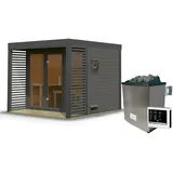 Woodfeeling Karibu Saunahaus Ares 3 - Hybridhaus mit Metallrahmen - 38 mm terragrau Blech-Ausführung: anthrazit 9 kW Ofen inkl. Steuergerät inkl. 8-teiligem gratis Zubehörpaket (Gesamtwert 191,92€)