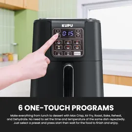 KUPU Heißluftfritteuse, 6L Airfryer, 360°Luftzirkulationstechnologie, 6-in-1 Kompakte Heissluftfritteuse, spülmaschinenfeste Körbe, 1500W - Schwarz