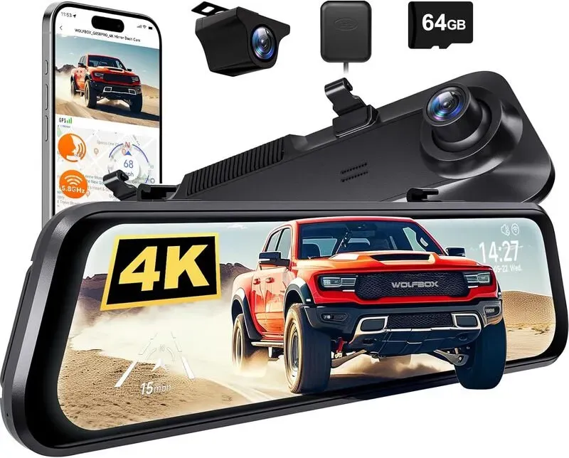 WOLFBOX G850 PRO 4K Spiegel-Dashcam mit ADAS und BSD, Smart-Rückspiegel mit 5,8 GHz WLAN, Sprachsteuerung, 12 Zoll Kamera, inkl. 64 GB Speicherkarte, GPS, G-Sensor, Loop-Recording