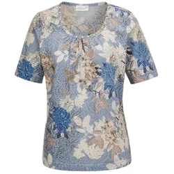 Print-Shirt GOLDNER "Druckshirt mit Perlen", Damen, Gr. 38, blau (kitt, blau), Obermaterial: 65% Polyester PES. 35% Baumwolle CO., Tubular, Shirts, mit wunderschönen Perlen am Ausschnitt