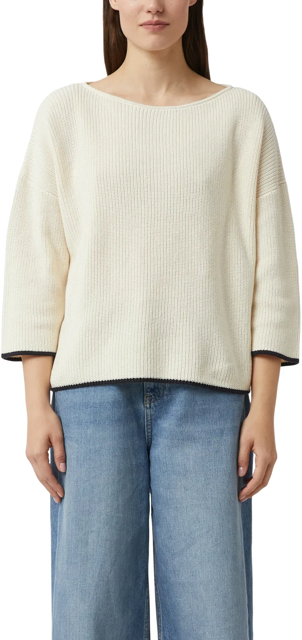 Strickpullover COMMA, Damen, Gr. 36, weiß (beige), Strick, Obermaterial: 100% Baumwolle, kontrastfarbene Details, unifarben, regular fit normal, U-Boot-Ausschnitt, kontrastfarben, Pullover Strickpullover, mit Kontrast-Details