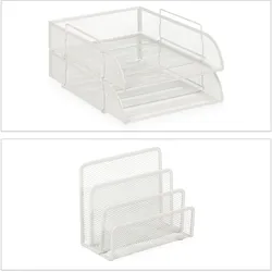 Relaxdays Schreibtisch Organizer Set, 7-tlg., Metall, Ablagefächer, Zettelbox, Brief-, Büroklammer- & Stiftehalter, weiß