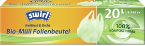 Swirl® Bio-Müll Folienbeutel, DIN CERTCO zertifiziert, garantiert kompostierbar, 1 Karton = 16 x 6 Beutel = 96 Beutel mit Tragegriff, 20 l