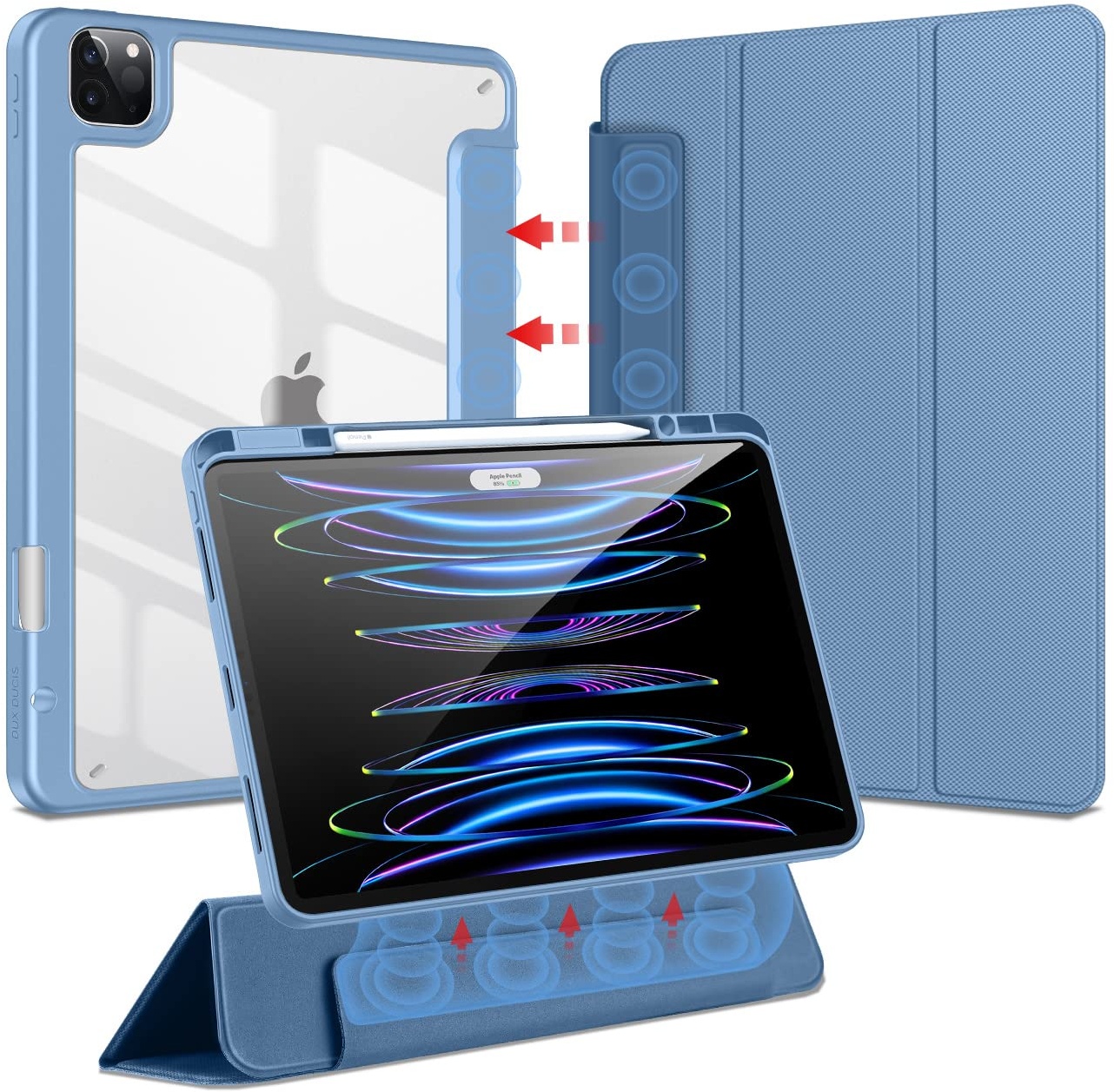 Hülle für iPad Pro 12.9 Hülle Magnetische (2022/2021) Abnehmbare Magnetische Abdeckung, Pencil 2 Kabelloses, Transparent Rückschale iPad Pro 12.9 Case (6./5. Generation) (Blau)