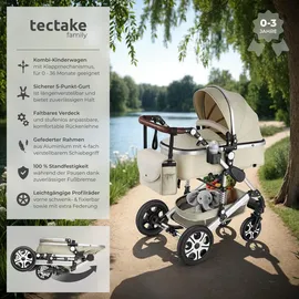 Tectake tectake® Kombi-Kinderwagen, 2 in 1, klappbar, mit 5-Punkt-Gurt, Bremse, Schutzbügel und Handschlaufe, pulverbeschichteter Aluminiumrahmen, pflegeleichter Stoffbezug, für 0 bis 36 Monate geeignet, Belastbarkeit 15 kg