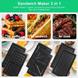 OZAVO Sandwichmaker 3-in-1 Sandwichmaker - Sandwiches, Waffeln, und Paninis, Antihaftbeschichtete, austauschbare Platten, 750W