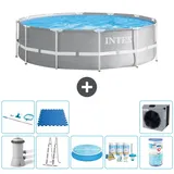 Intex Round Prism Frame Swimming Pool – 366 x 99 cm – Grau – inklusive Pumpe – Leiter Sonnensegel - Wartungspaket - Filter - Reinigungskit ...