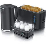 Arendo Frühstücks-Set Wasserkocher 1,5l, 4-Scheiben Toaster, 6er Eierkocher, Schwarz