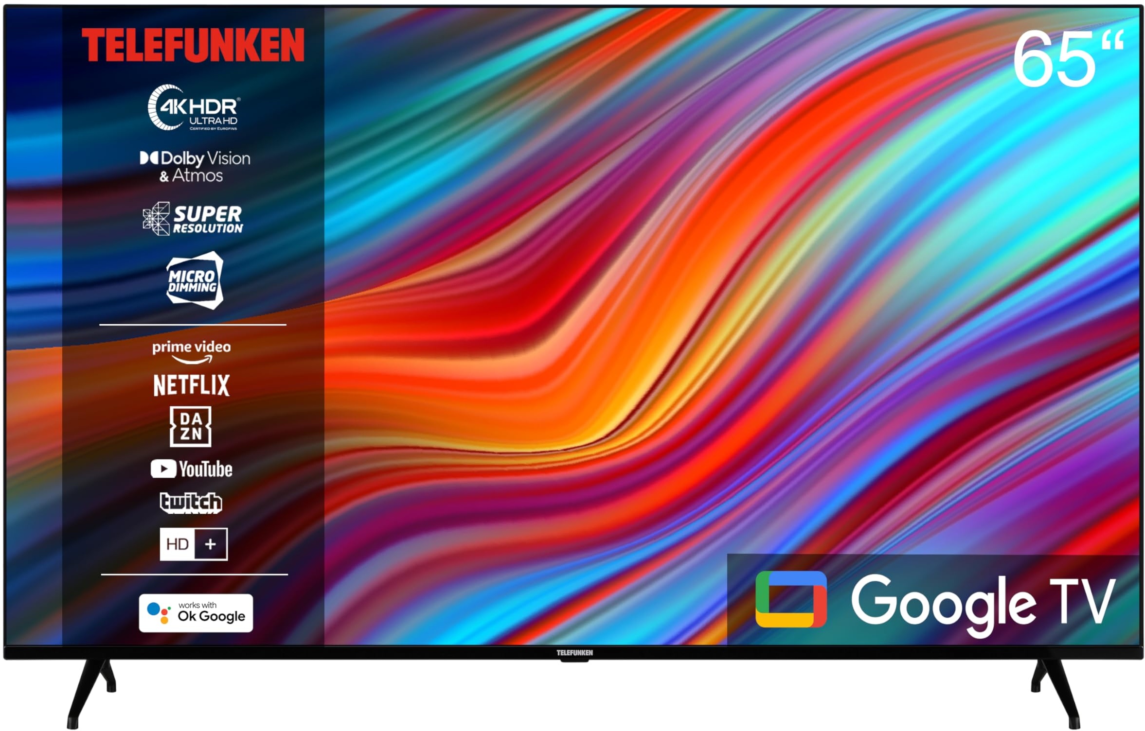 Telefunken Google TV 65 Zoll Fernseher (4K UHD Smart TV, HDR Dolby Vision, Triple-Tuner, Dolby Atmos, HD+ 6 Monate inkl.) XU65GA660S