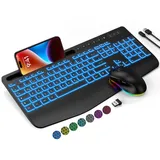 Tastatur Maus Set Kabellos, 7 Farbige Hintergrundbeleuchtung, Handballenauflage, Wiederaufladbare Ergonomische Tastatur mit Telefonhalterung, Leise Beleuchtete für Windows, Mac, PC, Laptop-SABLUTE